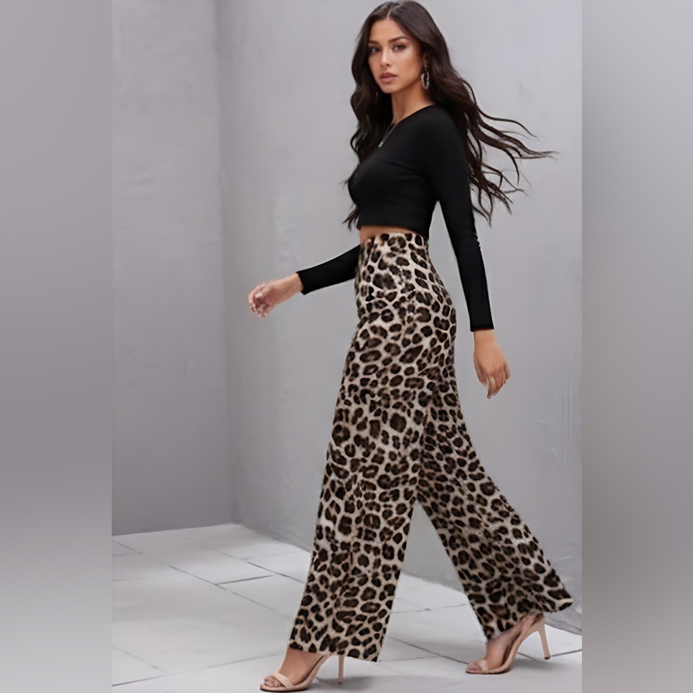 High Waist Leopard Wide Leg Pants